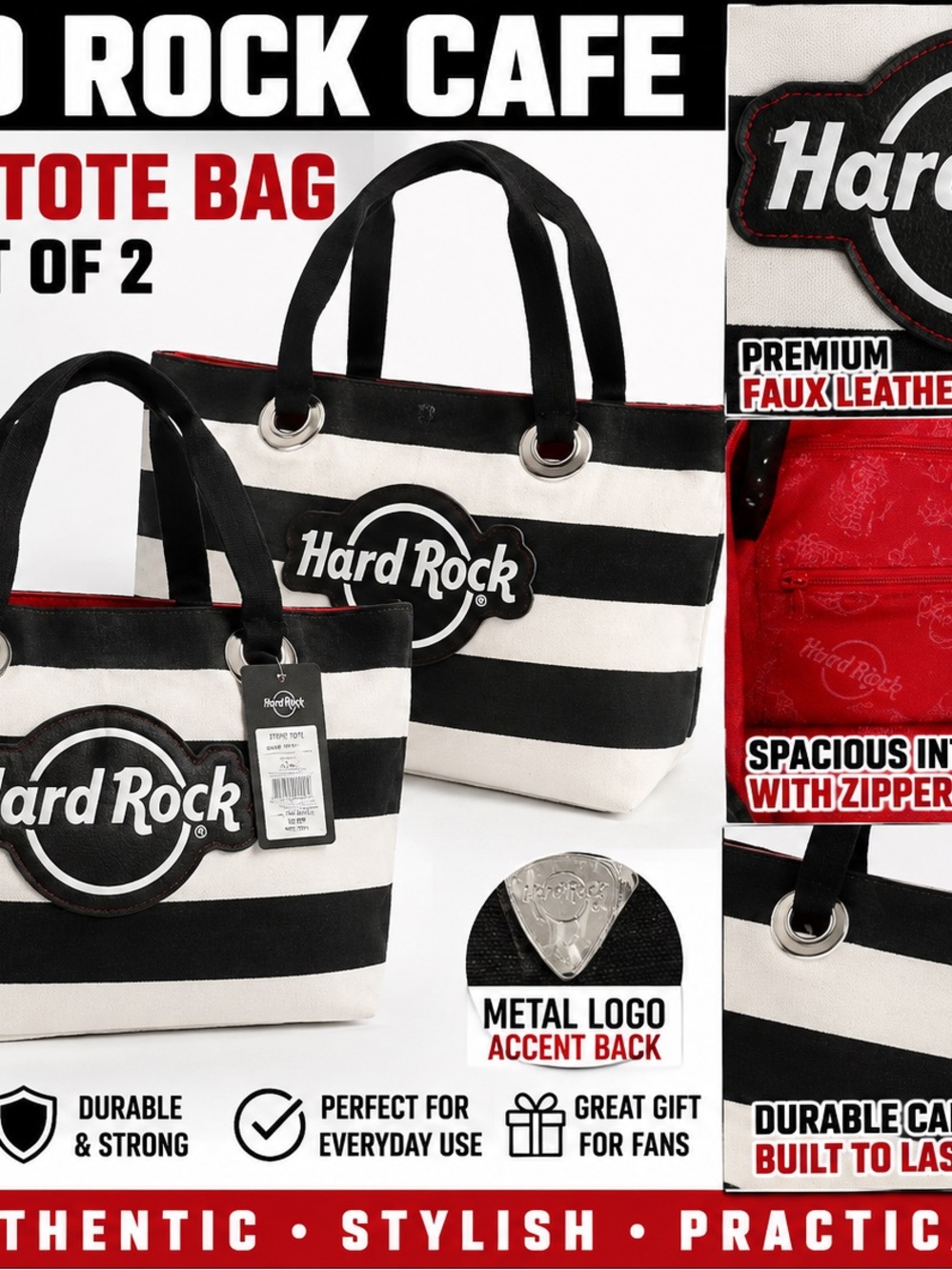Hard Rock Cafe Black & White Striped Tote with Red Interior Accents